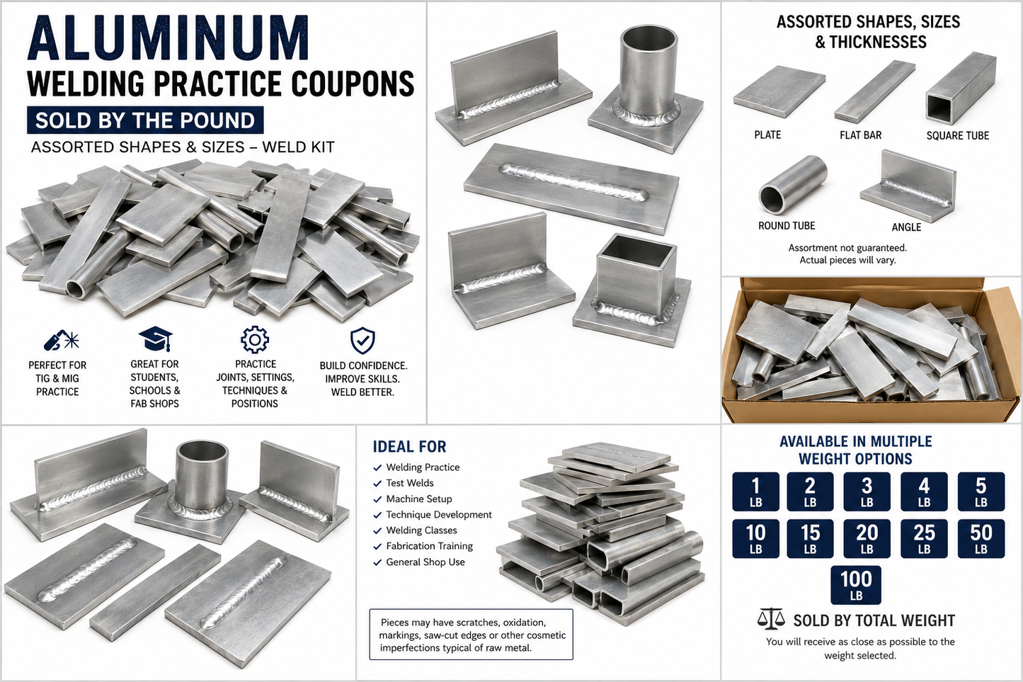 Aluminum welding practice coupons sold by the pound, shown as a product bundle with various pre-cut metal shapes and sizes, including flat bar, square tube, round tube, angle, and box sections. The image features product photos, technical specifications, application benefits, and weight options.