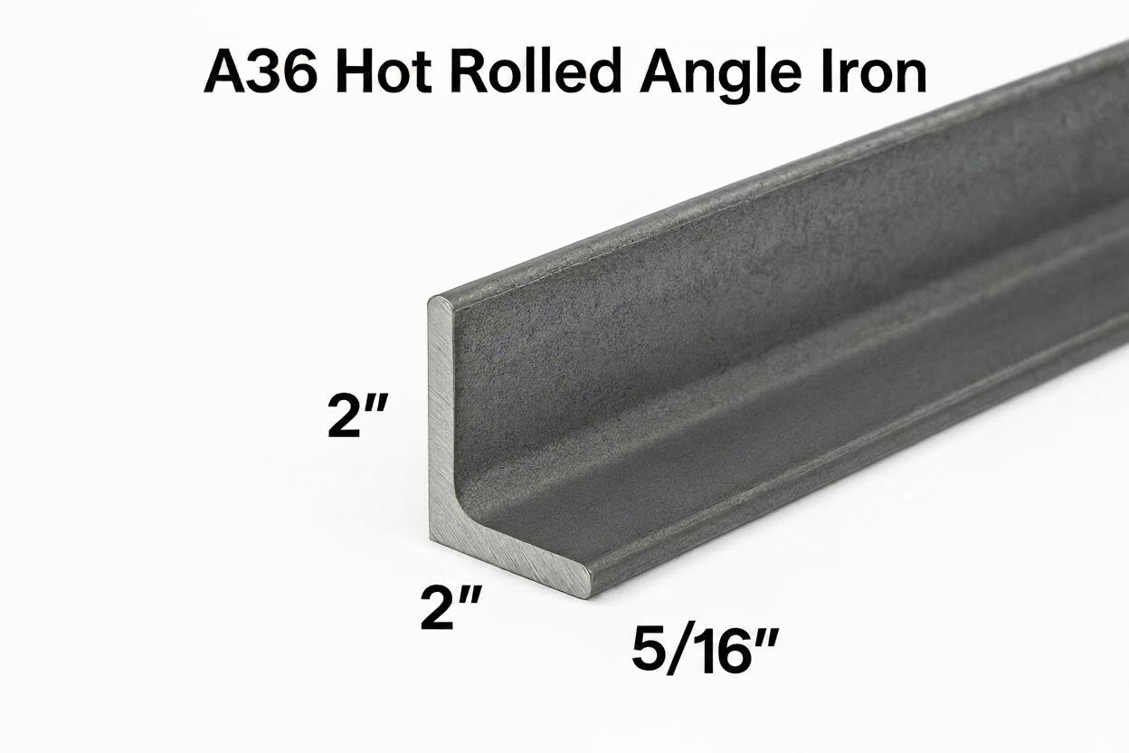 A36 Hot Rolled Angle Iron with dimensions 2“ x 2“ x 5/16“ on a white background