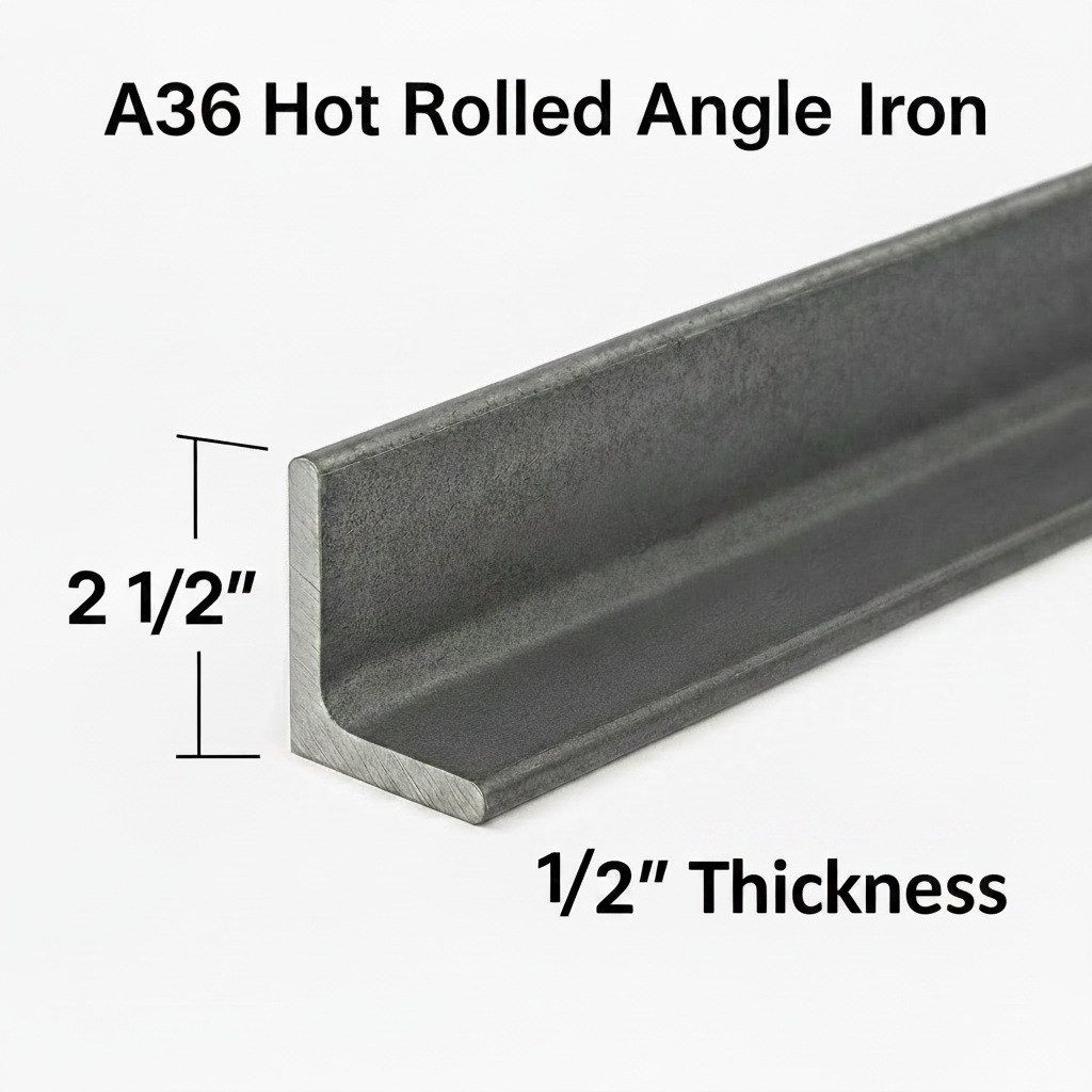 A36 Hot Rolled Angle Iron with dimensions labeled as on a white background
