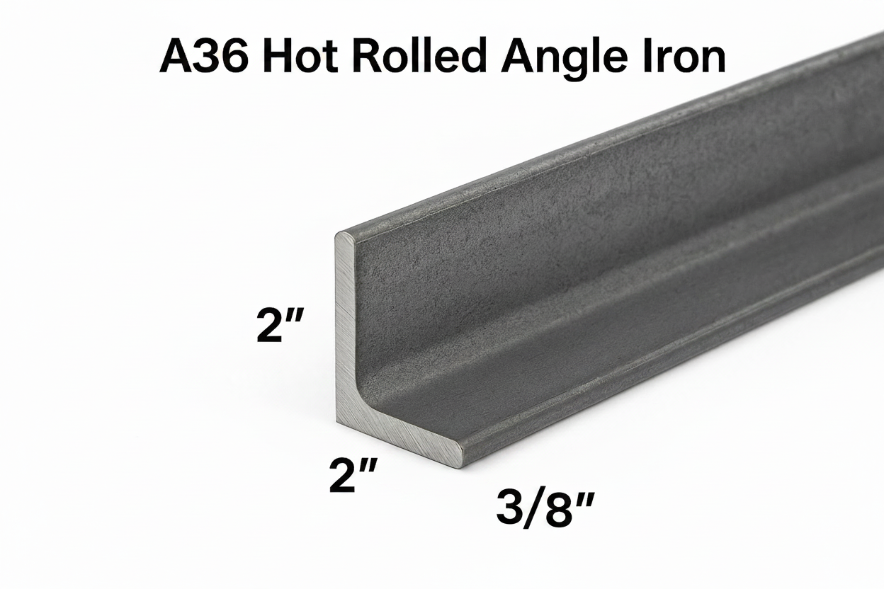 A36 Hot Rolled Angle Iron with dimensions on a white background
