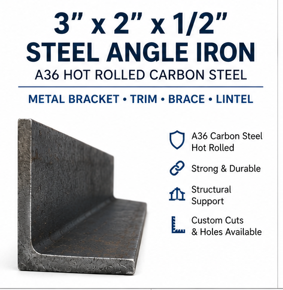 A36 hot rolled carbon steel angle iron metal bracket shown in multiple views with dimensions, including a 3 x 2 x 1.5 inch L-angle iron.