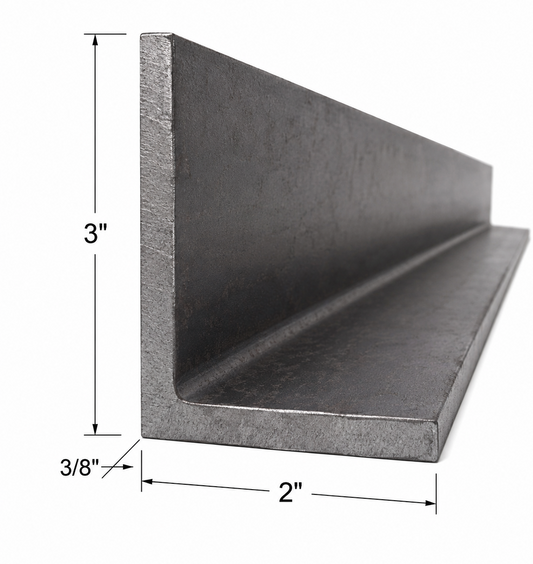A dark gray metal L-bracket or channel corner piece shown on a white background with dimension lines and labels indicating 3 inches tall, 2 inches wide, and 3/8 inch thickness.