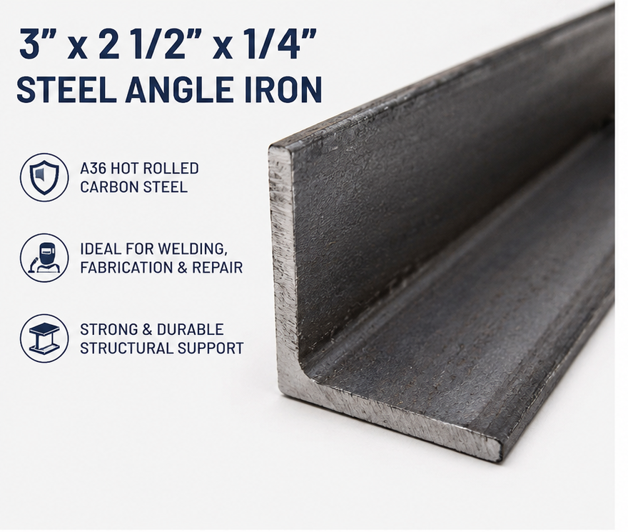 A product collage for 3" x 2 1/2" x 1/4" steel angle iron. The top-left panel shows a large close-up of the metal's L-shaped cross-section with text and icons describing its properties.