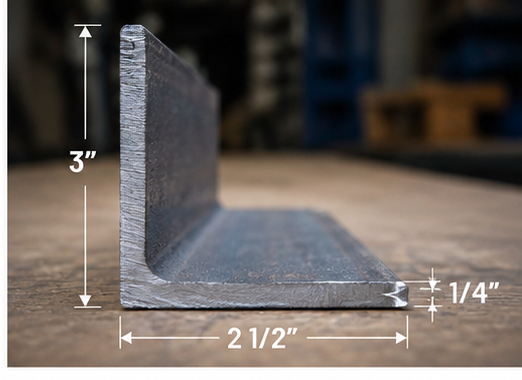 A product collage for 3" x 2 1/2" x 1/4" steel angle iron. The top-left panel shows a large close-up of the metal's L-shaped cross-section with text and icons describing its properties.