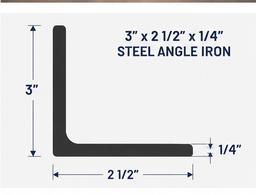 A product collage for 3" x 2 1/2" x 1/4" steel angle iron. The top-left panel shows a large close-up of the metal's L-shaped cross-section with text and icons describing its properties.
