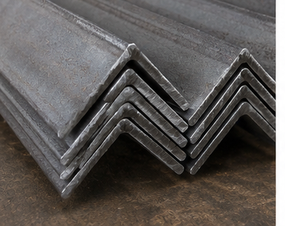 A product collage for 3" x 2 1/2" x 1/4" steel angle iron. The top-left panel shows a large close-up of the metal's L-shaped cross-section with text and icons describing its properties.