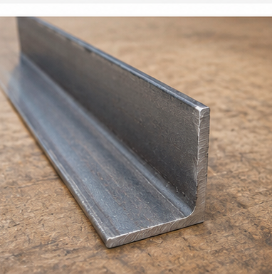 A product collage for 3" x 2 1/2" x 1/4" steel angle iron. The top-left panel shows a large close-up of the metal's L-shaped cross-section with text and icons describing its properties.