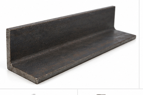 A product collage showing an L-shaped steel angle iron from multiple angles, including a dimension diagram and a small installed example on a brick wall. The product is dark charcoal steel, and the text lists material, leg sizes, thickness, and applications.