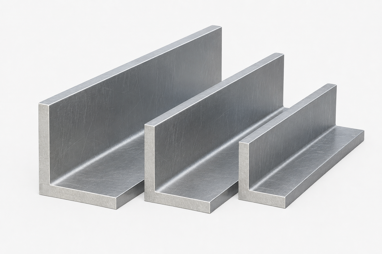 A set of three aluminum angles in different sizes, displaying the cross-sectional shape 
