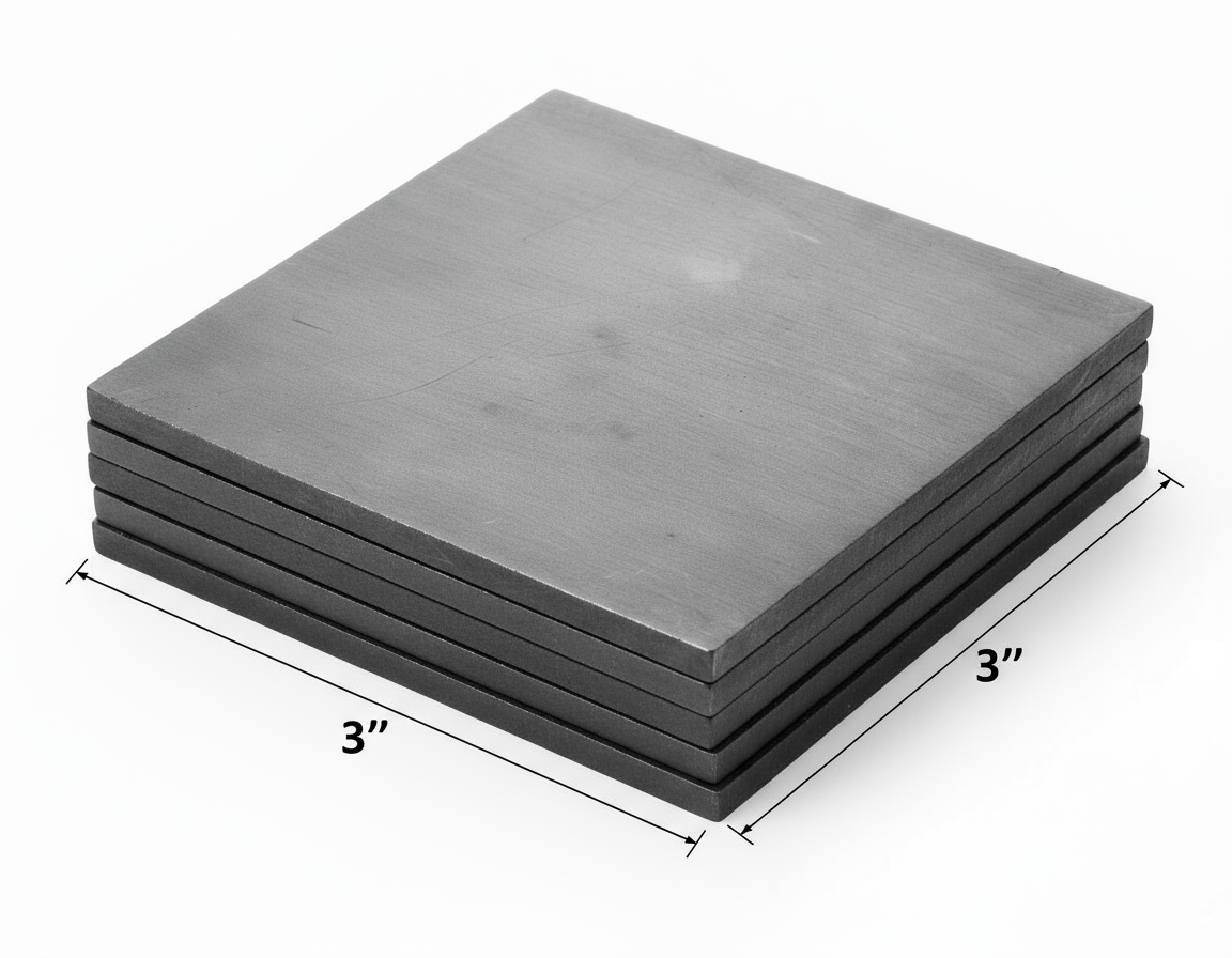 A stack of five plates that are 3“ x 3“