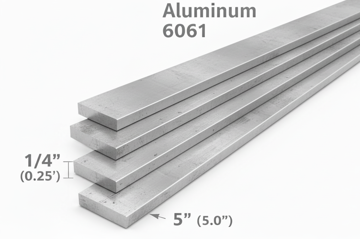 Aluminum 6061 bars with dimensions on a white background