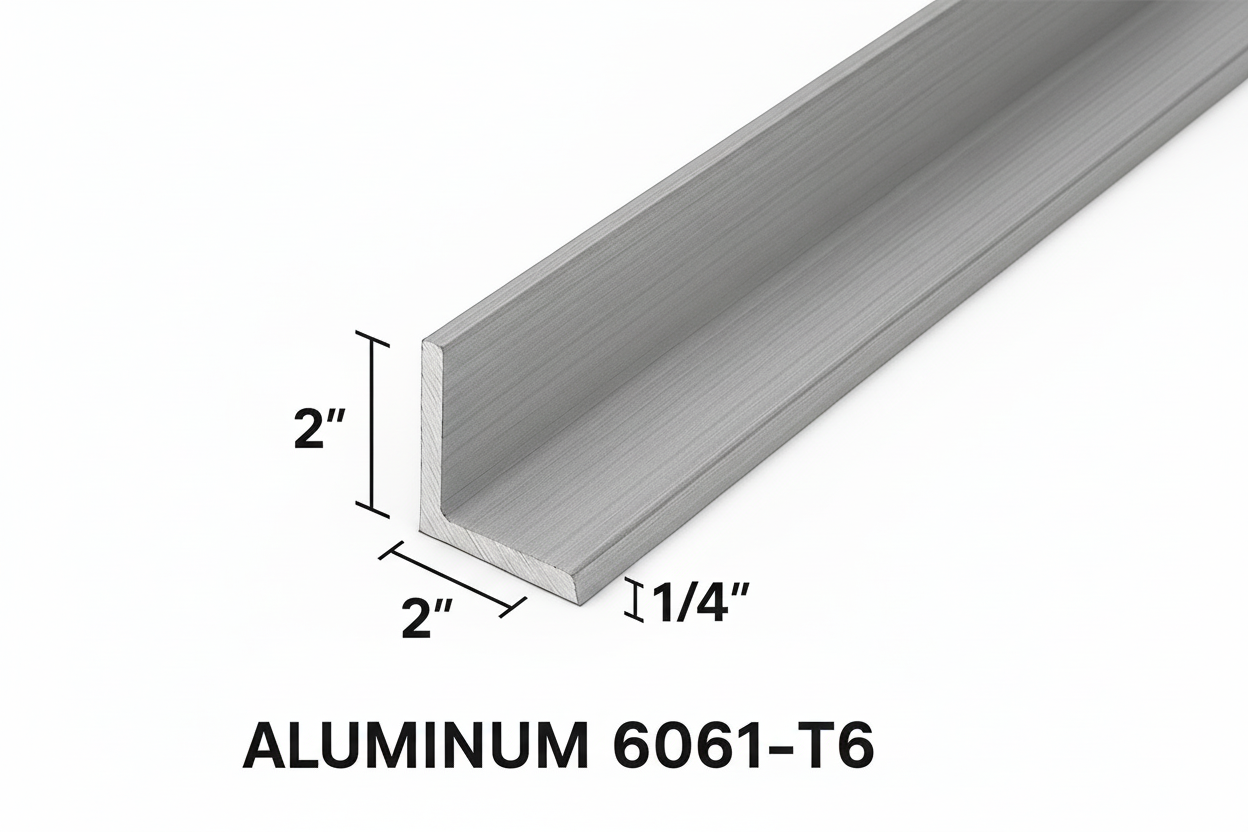 Aluminum angle that is labeled as 2” by 2” by 1/4” thick and stating Aluminum 6061-T6. Aluminum bracket brace