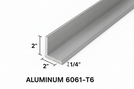 Aluminum angle that is labeled as 2” by 2” by 1/4” thick and stating Aluminum 6061-T6. Aluminum bracket brace