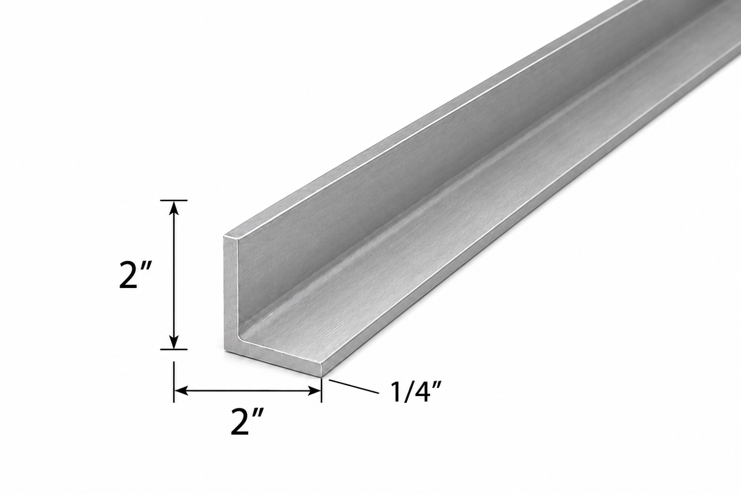 Metal angle bar with dimensions labeled on a white background