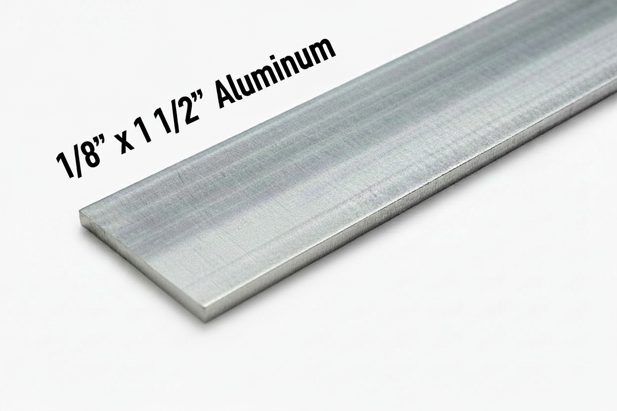 Aluminum bar with dimensions 1/8" x 1 1/2" on a white background