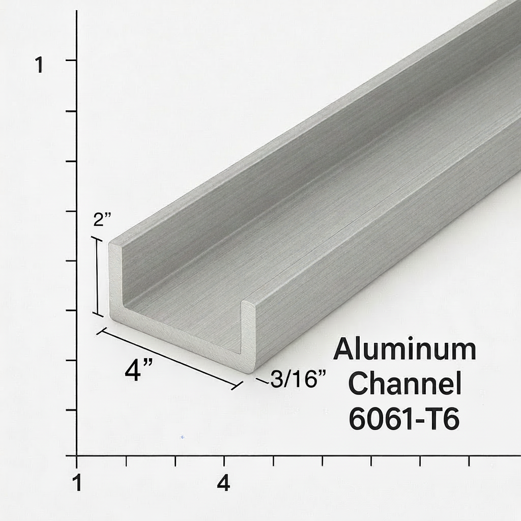 Aluminum channel grade 6061-T6 4 inch base 2 inch leg 3/16 inch thick