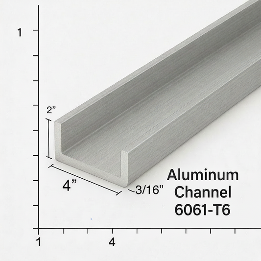 Aluminum channel grade 6061-T6 4 inch base 2 inch leg 3/16 inch thick