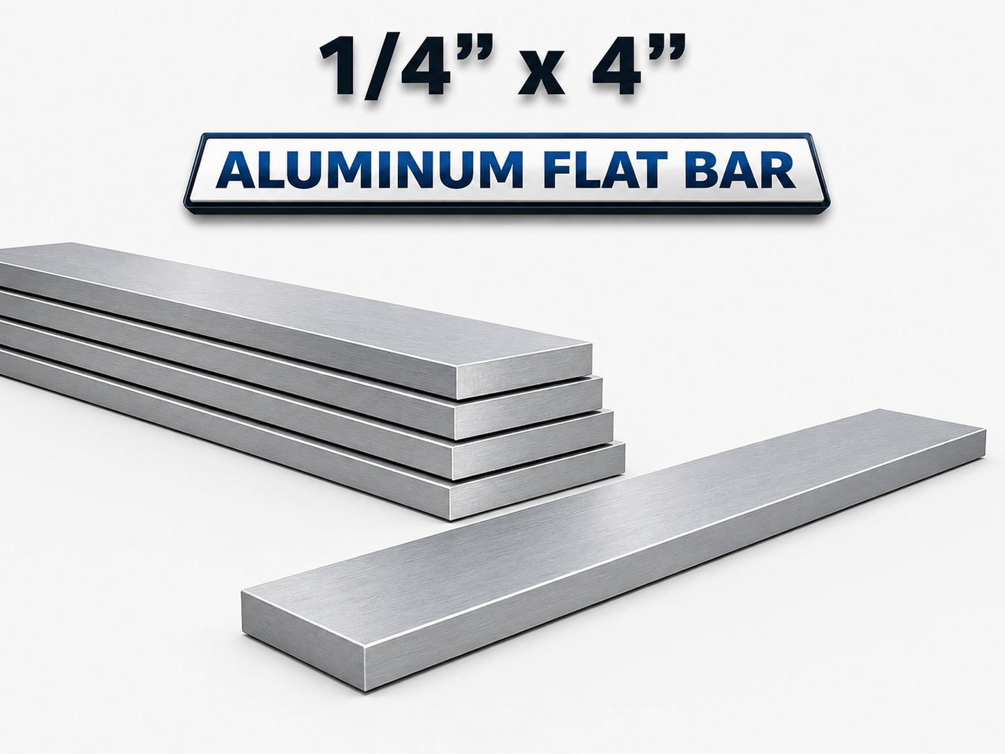 Aluminum flat bar with dimensions 1/4” x 4” on a white background