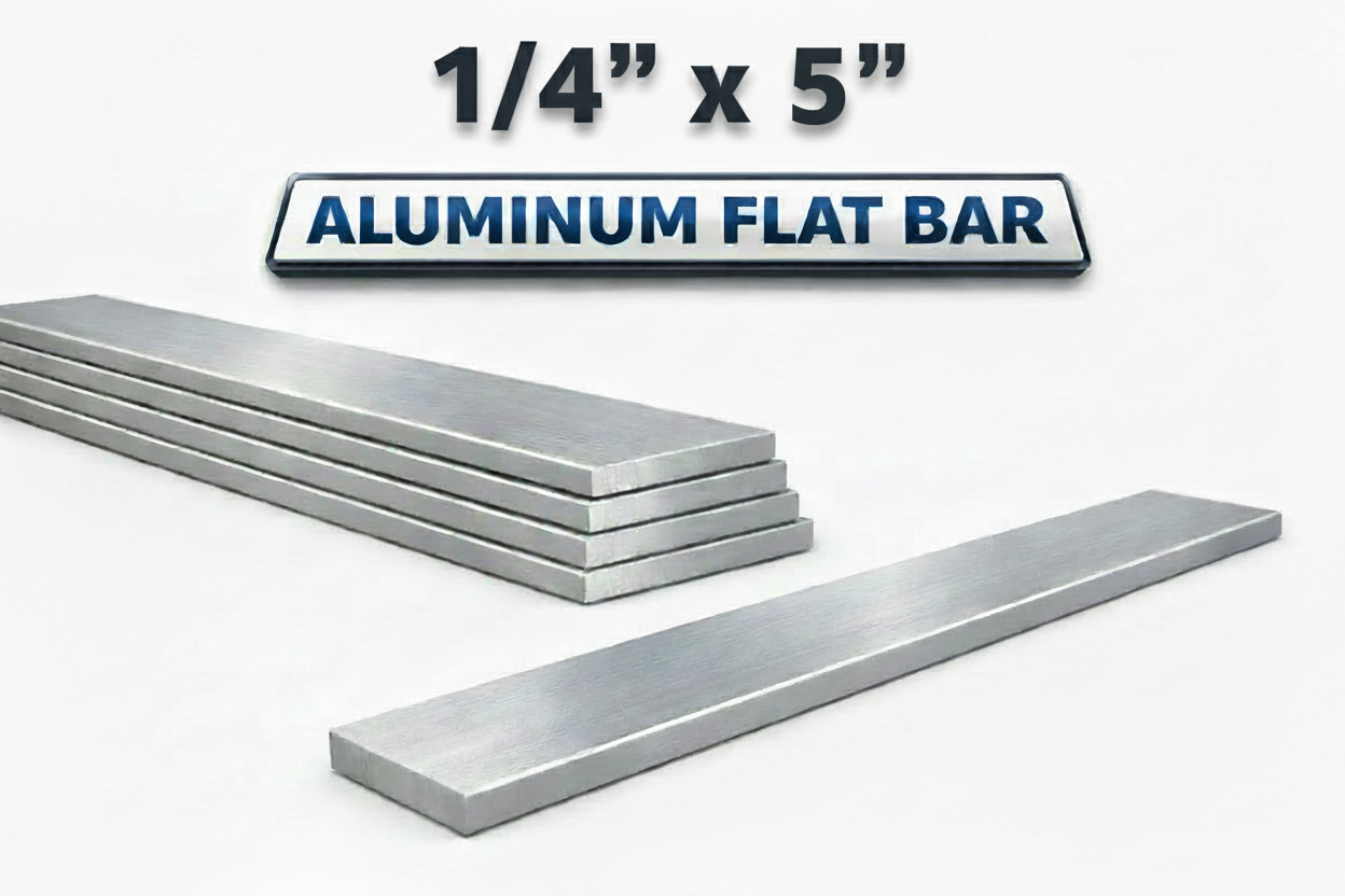 Aluminum flat bar with dimensions 1/4” x 5” on a white background