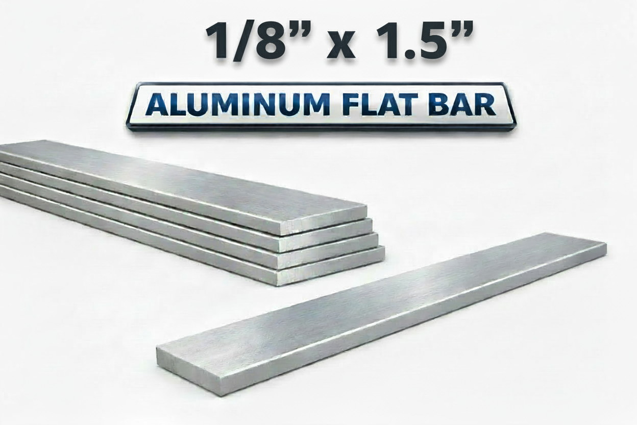 Aluminum flat bar with dimensions 1/8” x 1.5” on a white background