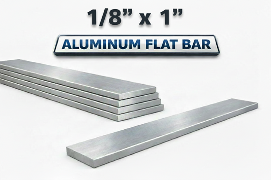 Aluminum flat bar with dimensions 1/8” x 1” on a white background
