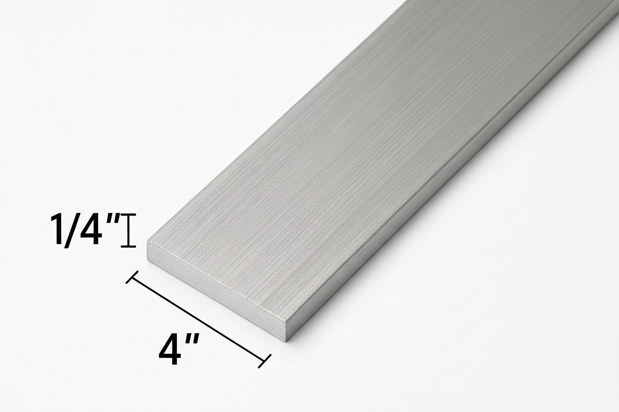 Aluminum rectangle bar that is 1/4” thick by 4” wide. Aluminum grade 6061 