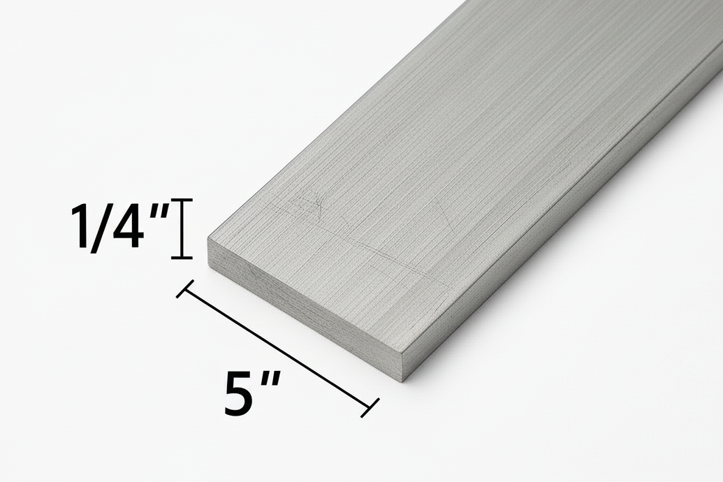 Aluminum rectangle bar that is 1/4” thick by 5” wide. Aluminum grade 6061 