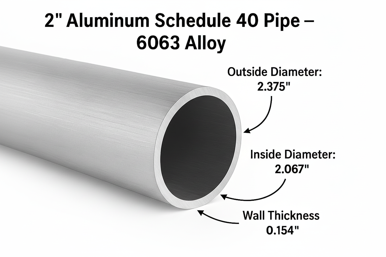 Aluminum schedule 40 pipe with measurements and details on a white background