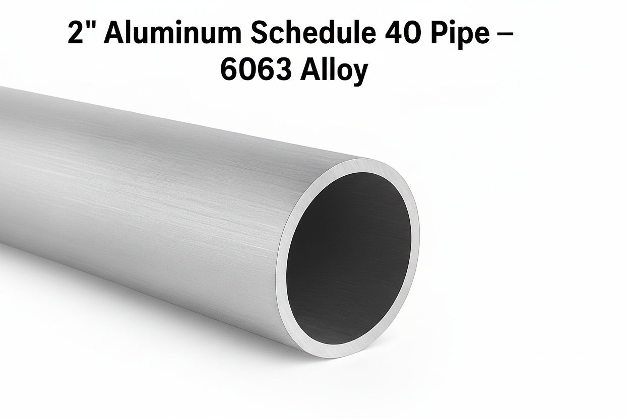 Aluminum schedule 40 pipe with measurements and details on a white background