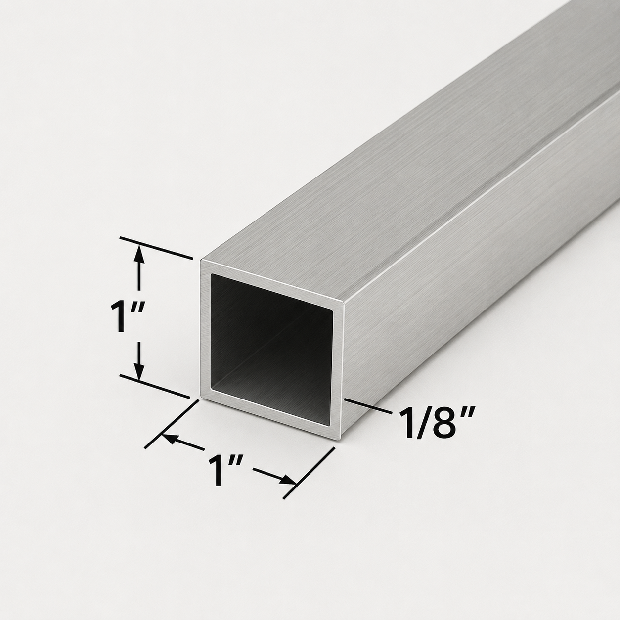 Aluminum square tube with 1” by 1” by 1/8” dimensions labeled on the image
