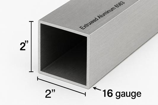 Aluminum square tube with dimensions and material information on a white background