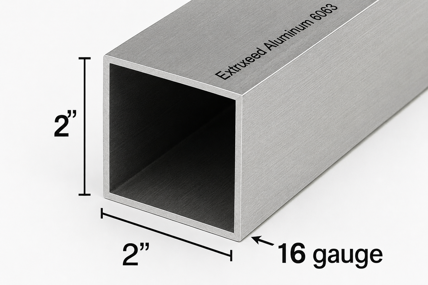 Extruded aluminum 2x2 inch bar with dimensions and gauge label on a white background