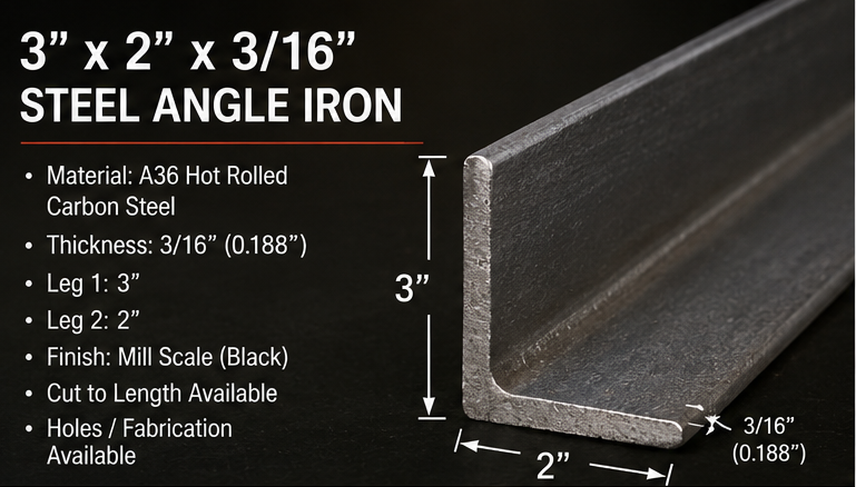 A collage showing a 3x2 x 3/16 inch steel angle iron,