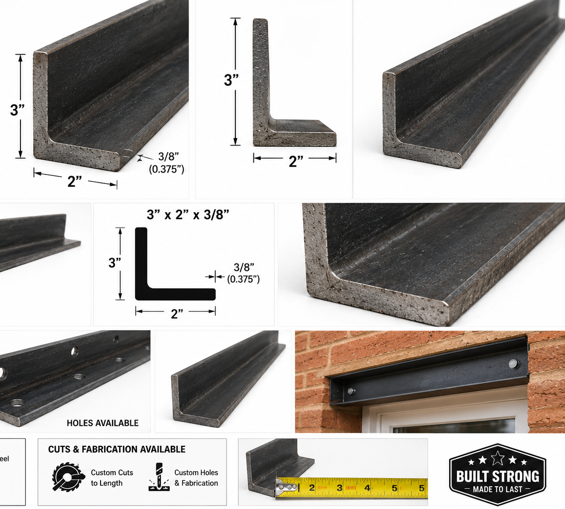 A product information collage for a 3x2 x 3/8 steel angle iron,