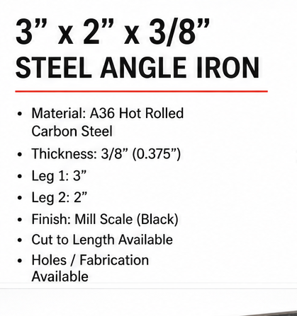 3” x 2” x 3/8” Steel Angle Iron A36 Hot Rolled Carbon Steel Angle Bracket Lintel 0.375” Metal Trim Brace