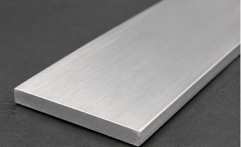A composite product listing image showing brushed aluminum flat bars from multiple angles, with dimensions labeled as 1/8" thick and 4" wide. The image includes close-up views of the metal surface, stacked bars, and a mounting example, with text noting 6061 aluminum and properties such as corrosion resistance and lightweight durability.