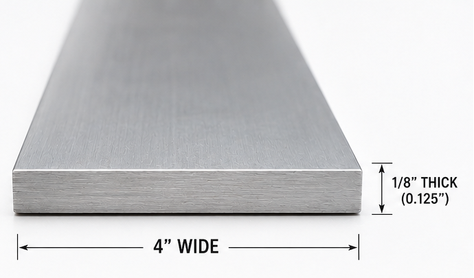 A product information graphic for 6061 aluminum flat bars, showing multiple angled views of rectangular metal bars with dimensions labeled as 4 inches wide and 1/8 inch thick, plus specifications and feature icons.