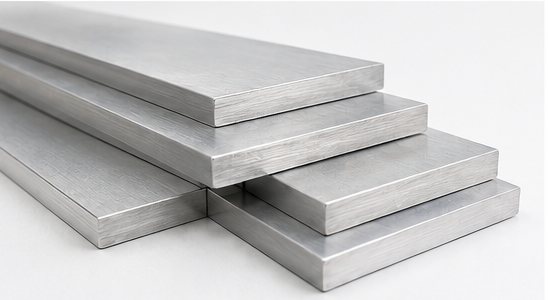 A product information graphic for 6061 aluminum flat bars, showing multiple angled views of rectangular metal bars with dimensions labeled as 4 inches wide and 1/8 inch thick, plus specifications and feature icons.