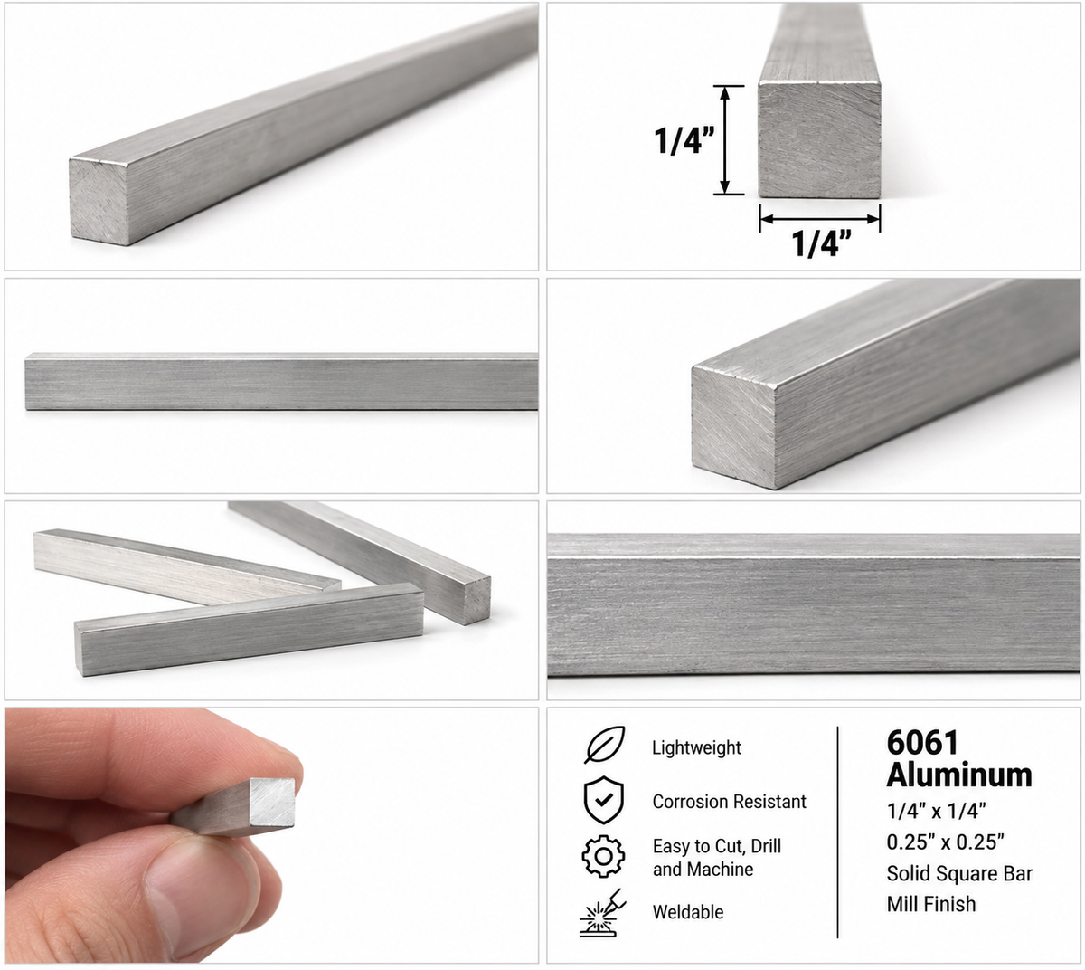 A collage showing a silver aluminum square bar from multiple angles, including a close-up of the end, dimension callouts of 1/4 inch, a hand holding a small piece, and a feature list on the bottom right. The text identifies the product as 6061 Aluminum.