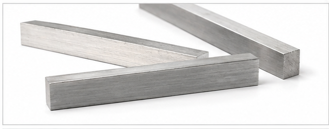 Three rectangular metal bars with a brushed silver finish, arranged diagonally on a white background.