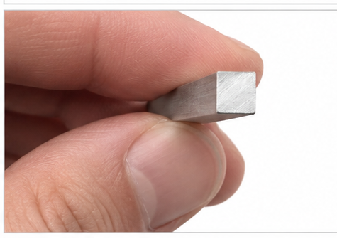 A close-up of a hand holding a small, square-cut metallic bar against a plain white background.