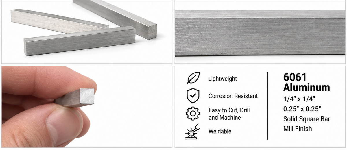 Aluminum square bar stock in a mill finish, shown in multiple views including close-ups of the brushed metal surface and a hand holding a small bar to demonstrate scale. Text on the right lists product features: lightweight, corrosion resistant, easy to cut/drink/machine, weldable, and specifies dimensions 1/4 x 1/4 inches 
