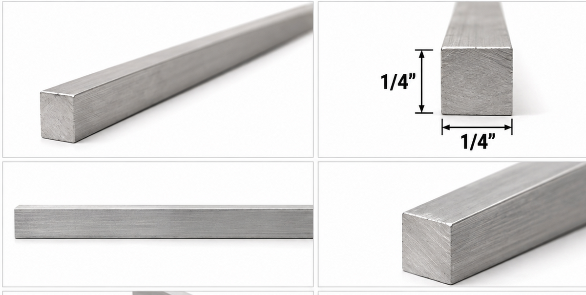 A collage showing a silver metal aluminum bar from multiple angles, including a dimension callout indicating 1/4 inch by 1/4 inch square cross-section.