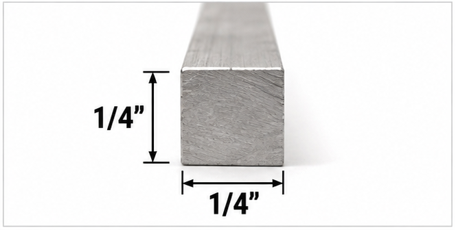 A close-up of an aluminum square bar shown with dimension annotations indicating 1/4 inch height and 1/4 inch width on a white background.