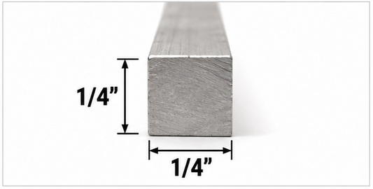 A close-up of an aluminum square bar shown with dimension annotations indicating 1/4 inch height and 1/4 inch width on a white background.