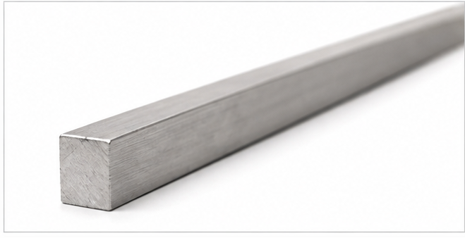 A long, straight aluminum bar with a square cross-section, shown diagonally on a clean white background.