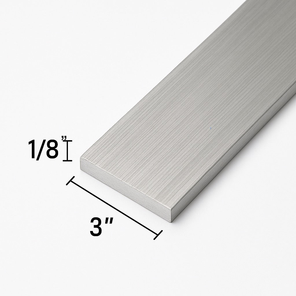 Aluminum rectangle bar that is 1/8” thick by 3” wide. Aluminum grade 6061 