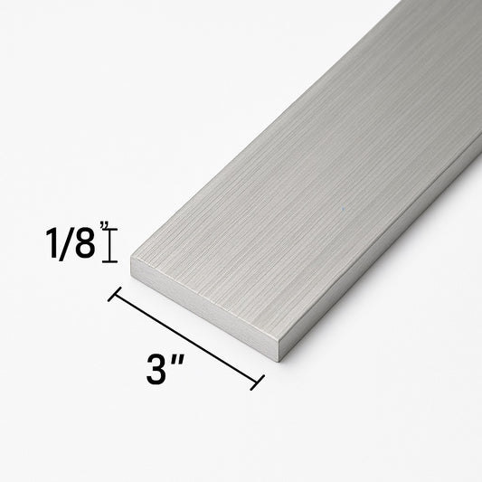 Aluminum rectangle bar that is 1/8” thick by 3” wide. Aluminum grade 6061 