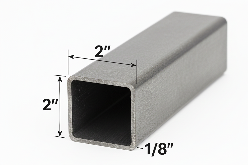 Galvanized tube steel 2” x 2” x 1/8” on a white background