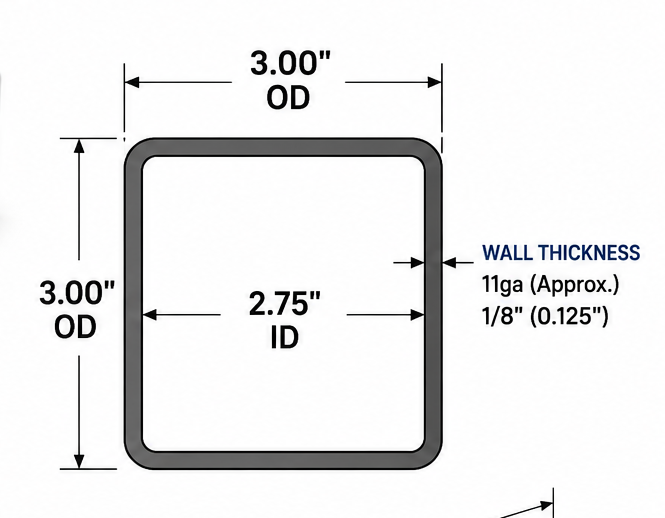 HSS tube steel with dimensions and specifications of 3” by 3” by 1/8” on a white background